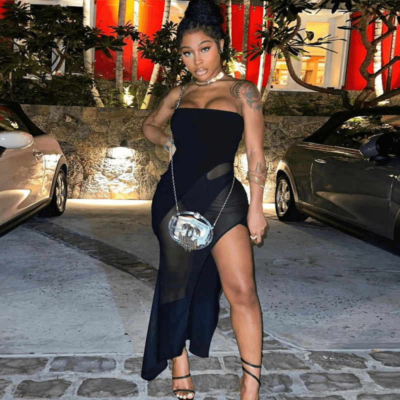 Sexy Tube Top Stitching Mesh Perspective Irregular Dress