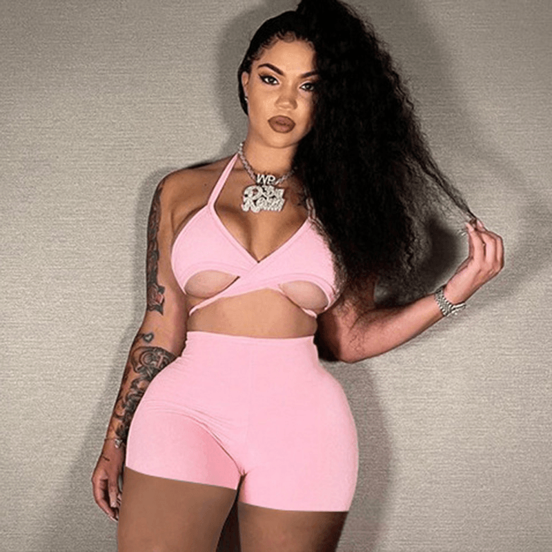 Sexy Athleisure Summer Solid Color Sleeveless Crop Tank Top And Shorts Set