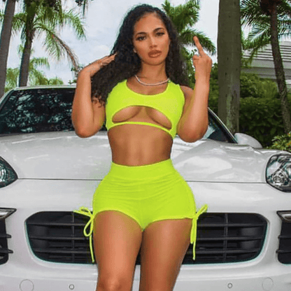 Sexy Cut Out Crop Tank Top And Fashion Drawstring Shorts Two Piece Set