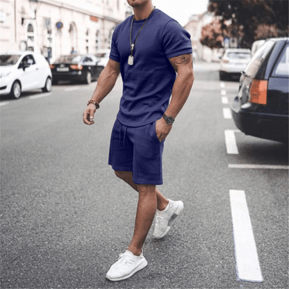 ound Neck Short-Sleeved Solid Color T-Shirt And Shorts Two-Piece Set