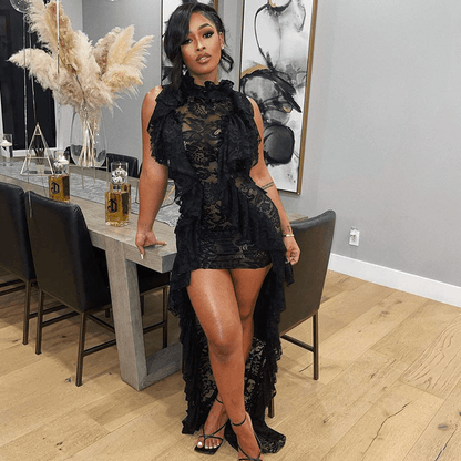 Sexy See-Through Lace Ruffled Sleeveless Irregular High-Low Hemline Sweep Dress