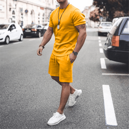ound Neck Short-Sleeved Solid Color T-Shirt And Shorts Two-Piece Set
