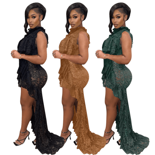 Sexy See-Through Lace Ruffled Sleeveless Irregular High-Low Hemline Sweep Dress