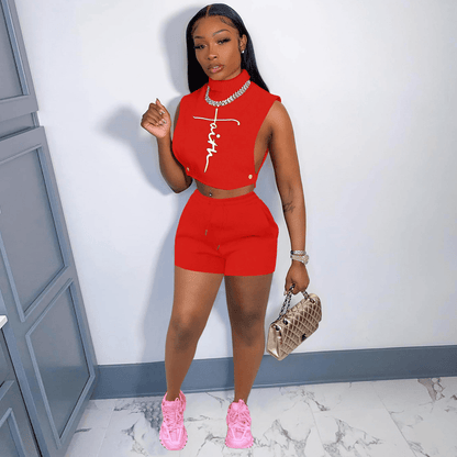 thleisure Summer Faith Embroidered Side-Slit Sleeveless Turtle Neck Tank Top And Solid Color Shorts Set