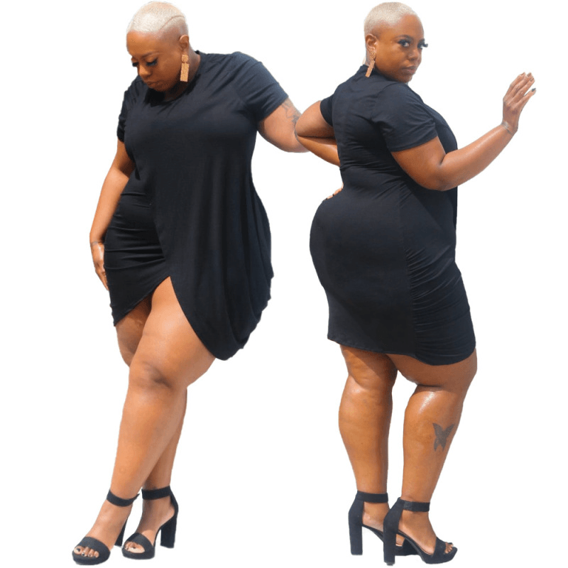 Plus Size Solid Color Slit Irregular Short-Sleeve Dress
