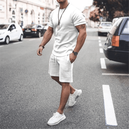 ound Neck Short-Sleeved Solid Color T-Shirt And Shorts Two-Piece Set