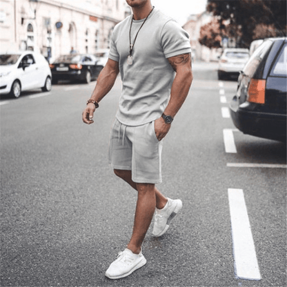 ound Neck Short-Sleeved Solid Color T-Shirt And Shorts Two-Piece Set