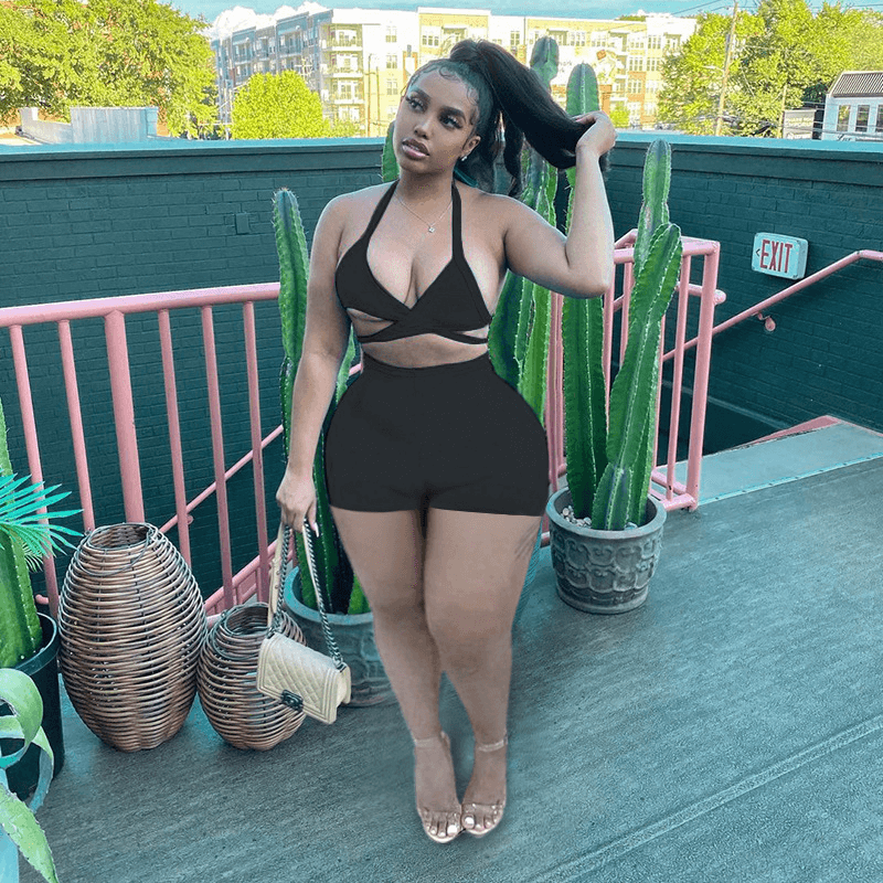 Sexy Athleisure Summer Solid Color Sleeveless Crop Tank Top And Shorts Set