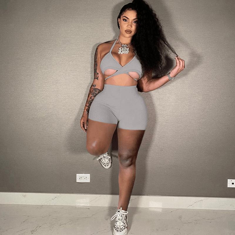 Sexy Athleisure Summer Solid Color Sleeveless Crop Tank Top And Shorts Set