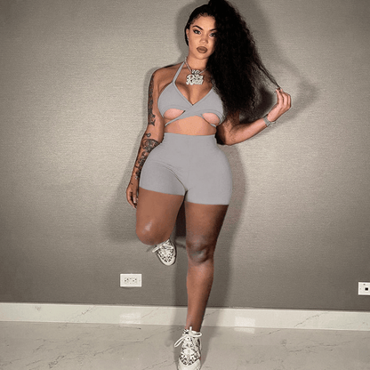 Sexy Athleisure Summer Solid Color Sleeveless Crop Tank Top And Shorts Set